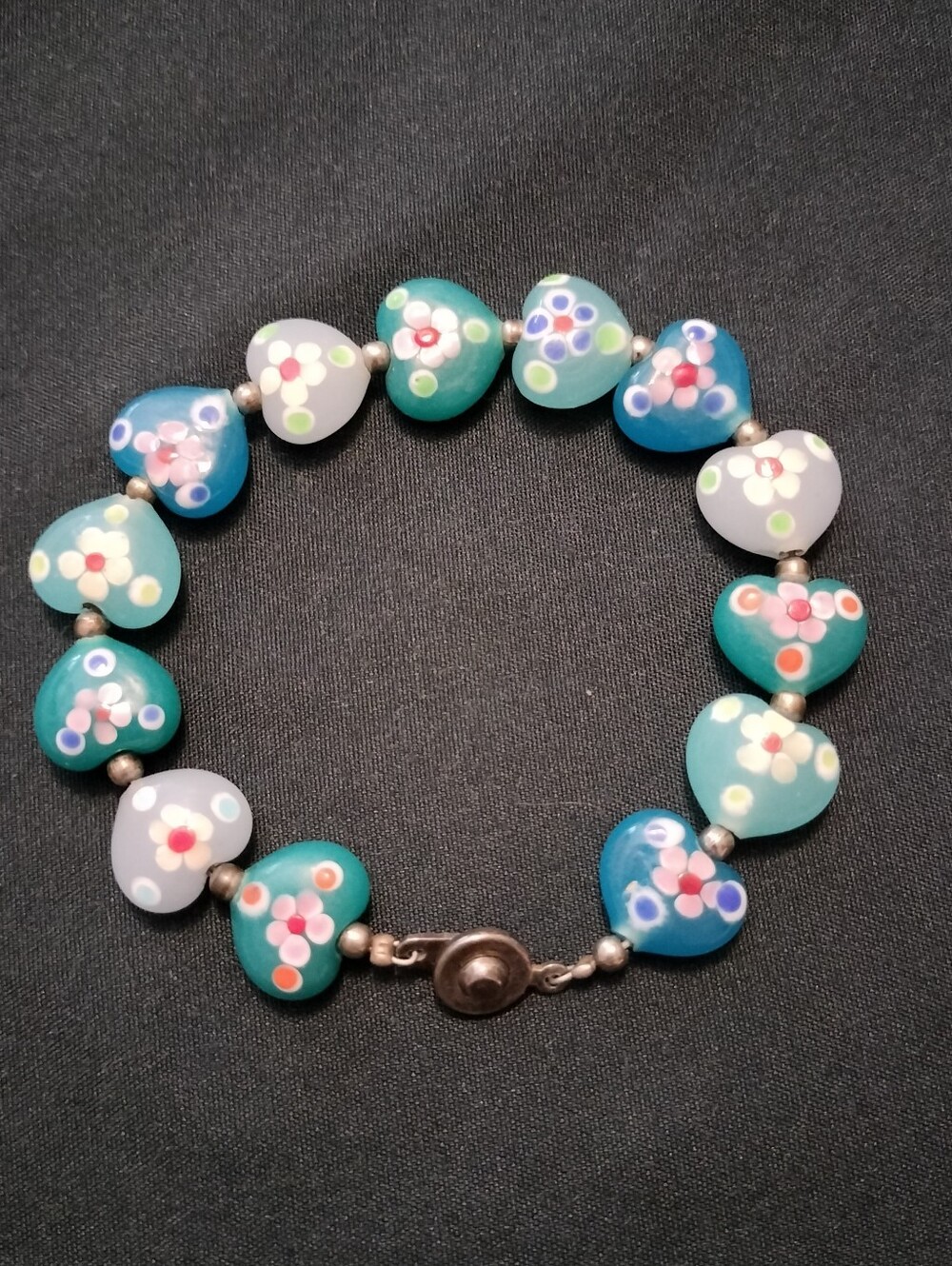 Vintage Chunky Venetian Murano Style Lampwork Glass Heart Bead Bracelet Italian